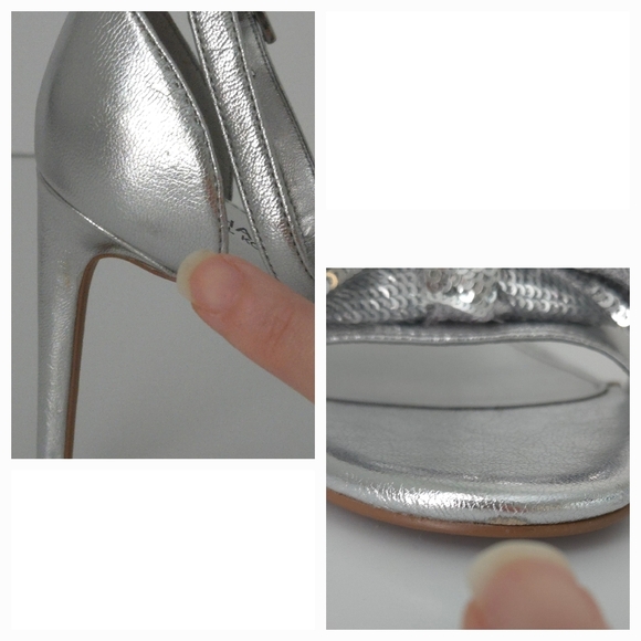 Michael Kors Metallic Silver Sequin Bow Ankle Strap Open-Toe Stiletto High Heels - Picture 7 of 8